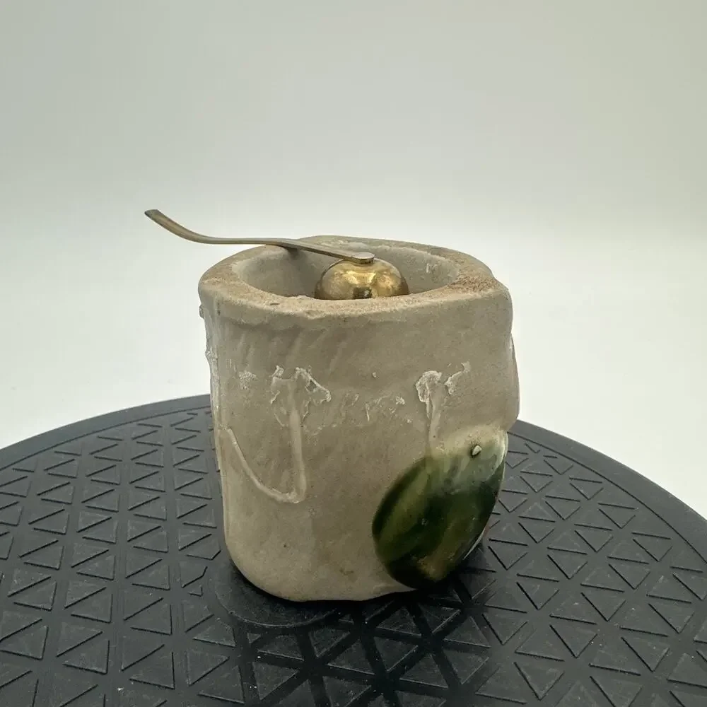 Vintage 70s Stoneware Owl Votive Candle Holder With Brass Candle Snuffer